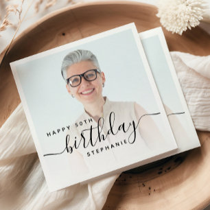 Personalized Photo Black Script 50th Birthday Napkins