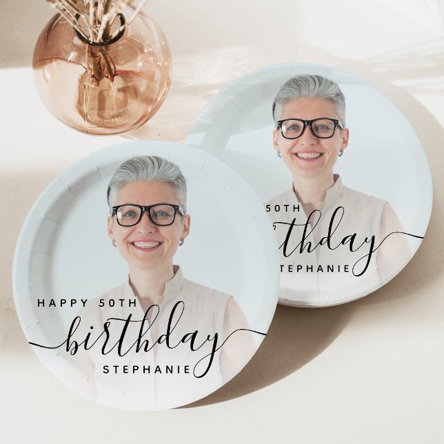 Personalized Photo Black Script 50th Birthday Paper Plates (Creator Uploaded)