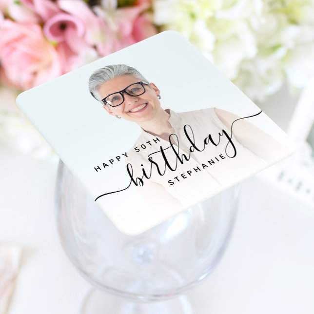 Personalized Photo Black Script 50th Birthday Square Paper Coaster (Creator Uploaded)