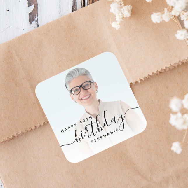 Personalized Photo Black Script 50th Birthday Square Sticker (Creator Uploaded)