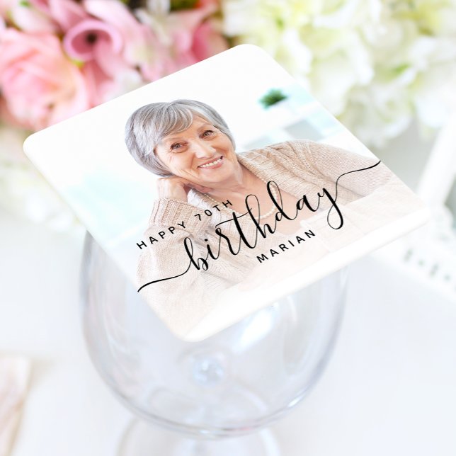Personalized Photo Black Script 70th Birthday Square Paper Coaster (Creator Uploaded)