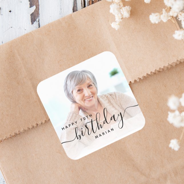 Personalized Photo Black Script 70th Birthday Square Sticker (Creator Uploaded)