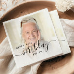 Personalized Photo Black Script 80th Birthday Napkins<br><div class="desc">Modern birthday party napkins featuring a custom photo. Easily replace the sample image with a photo of the guest of honor. The word "birthday" appears in elegant black handwriting script. Personalize the text with the name and birthday year in black sans serif font. A white gradient overlay helps make the...</div>