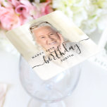 Personalized Photo Black Script 80th Birthday Square Paper Coaster<br><div class="desc">Modern birthday party paper coasters featuring a custom photo. Easily replace the sample image with a photo of the guest of honor. The word "birthday" appears in elegant black handwriting script. Personalize the text with the name and birthday year in black sans serif font. A white gradient overlay helps make...</div>