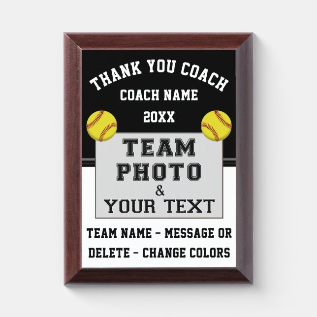 Personalized Photo Black Softball Coach Gift Ideas Award Plaque (Vertical)