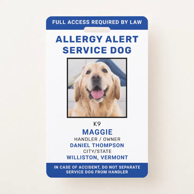 Personalized Photo Blue Allergy Alert Service Dog Badge | Zazzle
