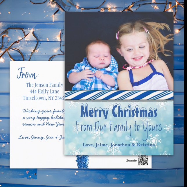 Personalized Photo Blue Candy Cane Christmas Holiday Postcard (Creator Uploaded)
