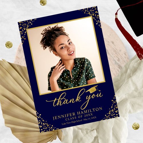  Personalized Photo Blue Gold Graduation Thank You Invitation