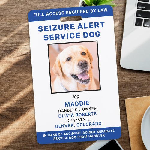 Personalized Photo Blue Seizure Alert Service Dog Badge