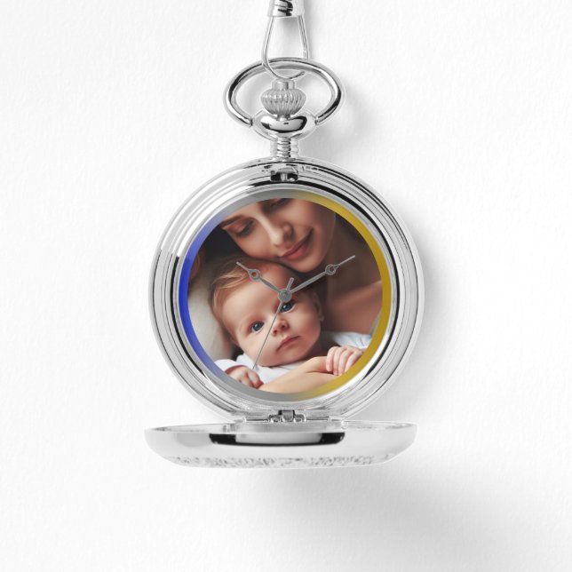 Personalized Photo Blue Silver, Gold Color Pocket Watch (Front)