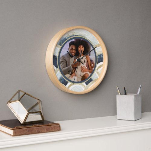 Personalized Photo Blue Watercolor Pattern Clock