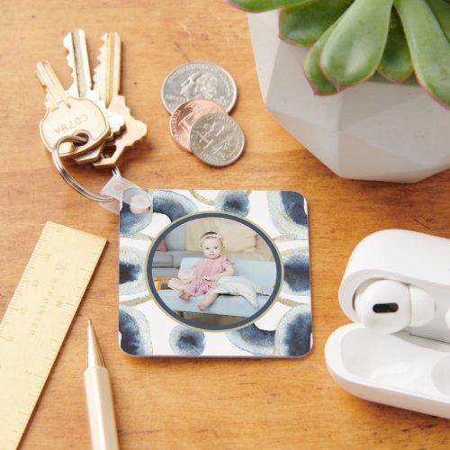 Personalized Photo Blue Watercolor Pattern Keychain