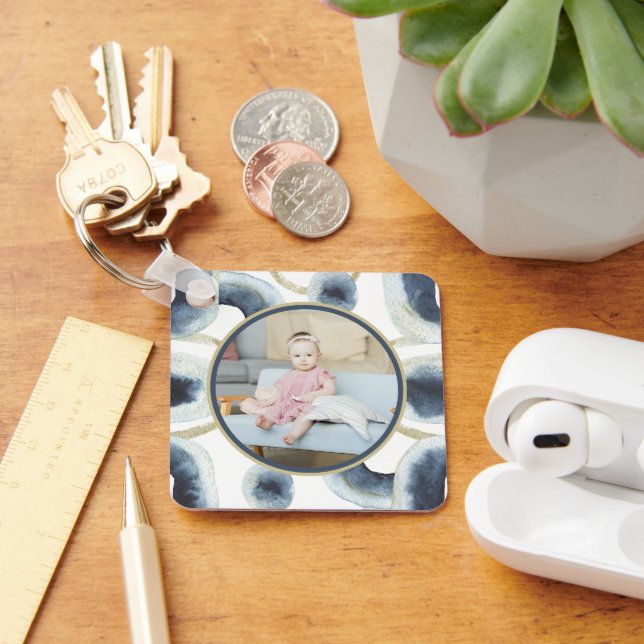 Personalized Photo Blue Watercolor Pattern Keychain (Desk)