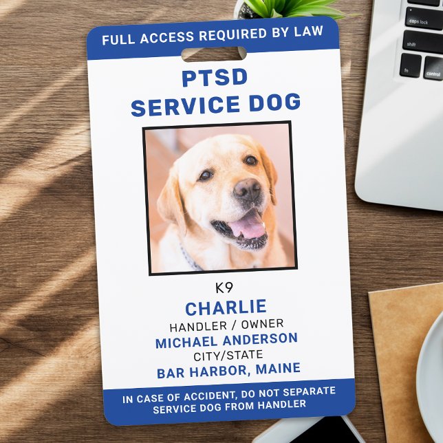 Personalized Photo Blue White PTSD Service Dog ID Badge (Creator Uploaded)