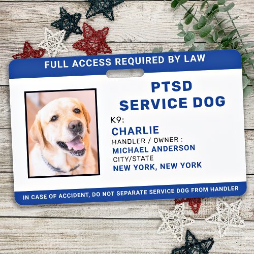 Personalized Photo Blue White PTSD Service Dog ID Badge