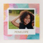 Personalized Photo Bright Colorful Watercolor Name Jigsaw Puzzle<br><div class="desc">This colorful watercolor jigsaw puzzle features playful circles and dots in bright pastel hues, personalized with your grandchild's name and photo. It's a fun and unique keepsake that makes a thoughtful gift for grandparents, parents, or anyone who loves a personalized touch. Perfect for family game nights or a special memento...</div>