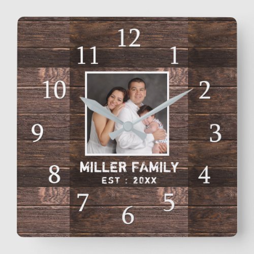  Personalized Photo Brown Wood Family Name  Square Wall Clock
