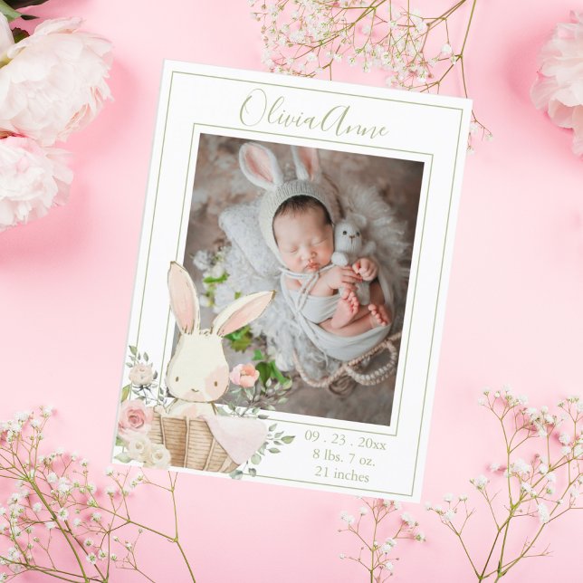 Personalized Photo Bunny Green Birth Announcement Postcard (Creator Uploaded)