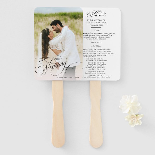 Personalized Photo Calligraphy Wedding Program Hand Fan (Front and Back)