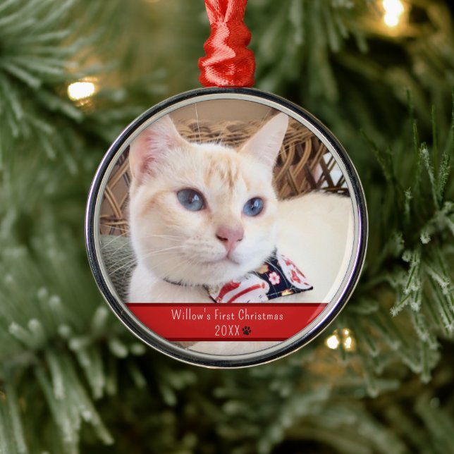 Personalized Photo Cat's First Christmas Metal Ornament (Tree)