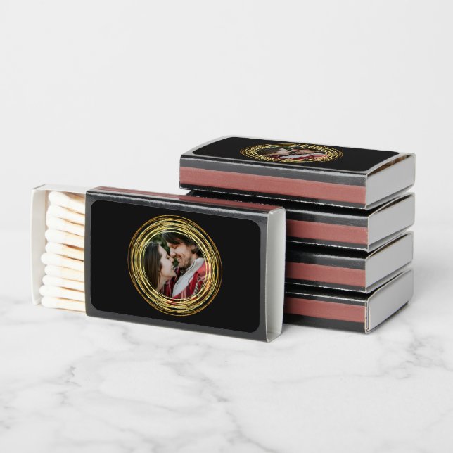 Personalized Photo Chic Black Gold Wedding Minimal Matchboxes (Stacked)