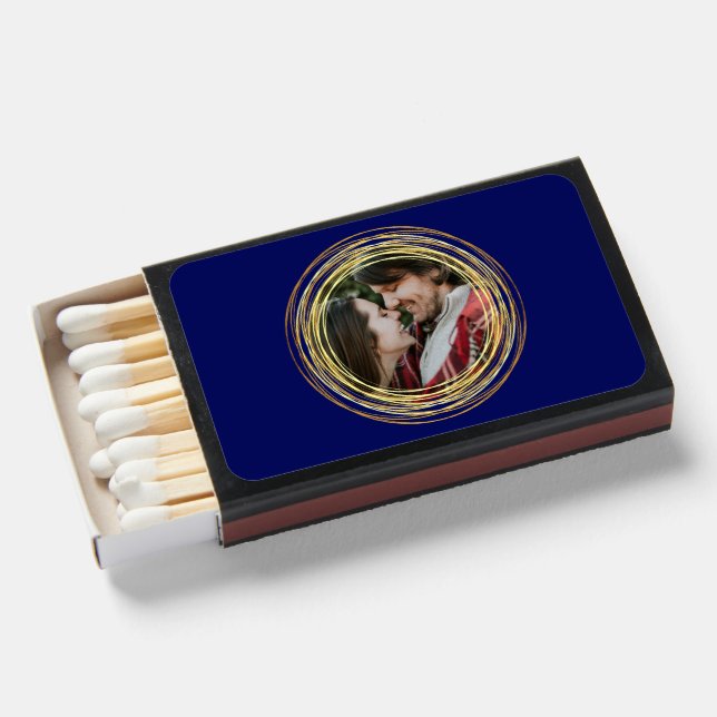 Personalized Photo Chic Navy Blue Gold Wedding Matchboxes (Front Open)