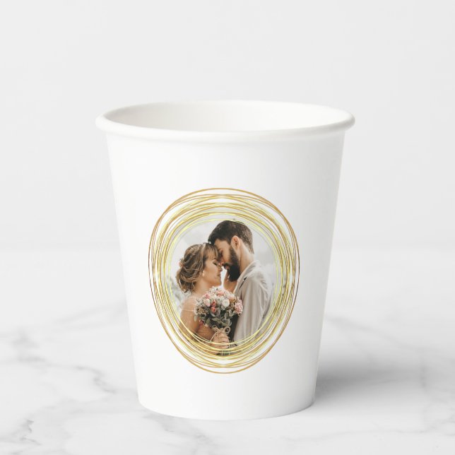 Personalized Photo Chic White Gold Wedding Minimal Paper Cups (Front)