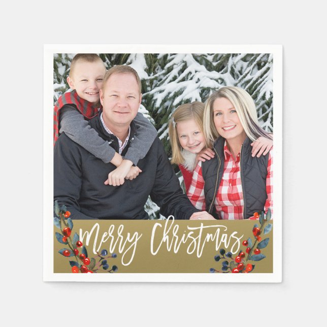 Personalized Photo Christmas Berries Holiday Party Paper Napkins (Front)