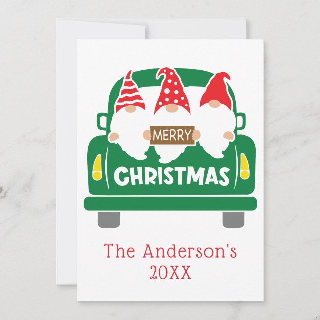 Personalized Photo Christmas Gnomes in Truck  Holiday Card (Front)