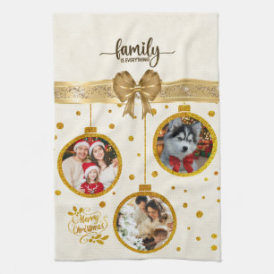 Personalized Photo Christmas Kitchen Gold Ornament Towel