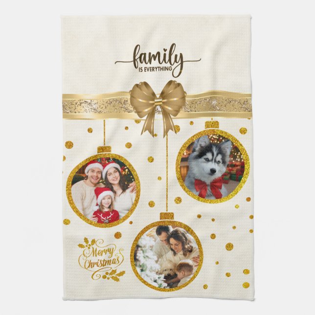 Personalized Photo Christmas Kitchen Gold Ornament Towel (Vertical)