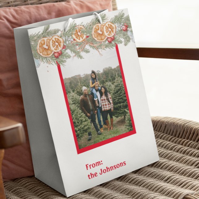 Personalized Photo Christmas Monogram Pine  Medium Gift Bag (Creator Uploaded)