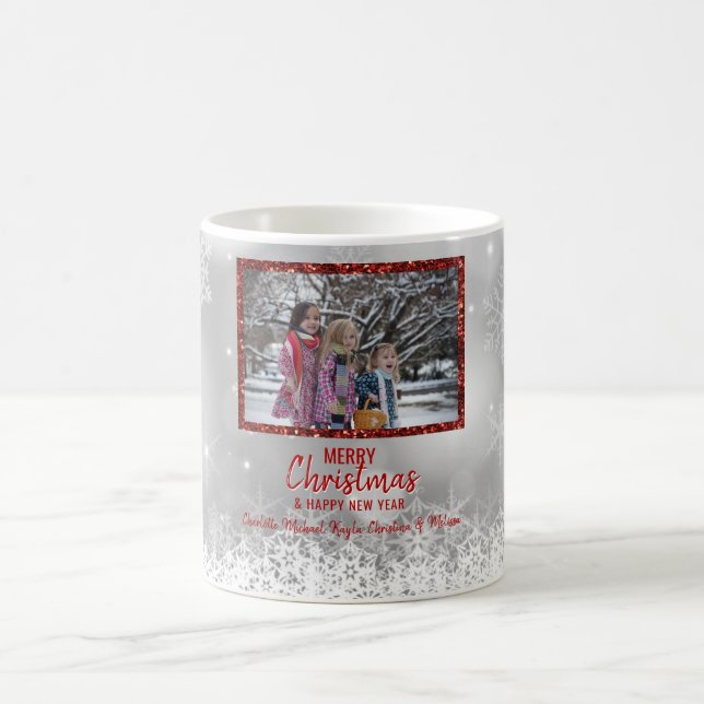 Personalized PHOTO Christmas Red Snow Snowflakes Coffee Mug (Center)