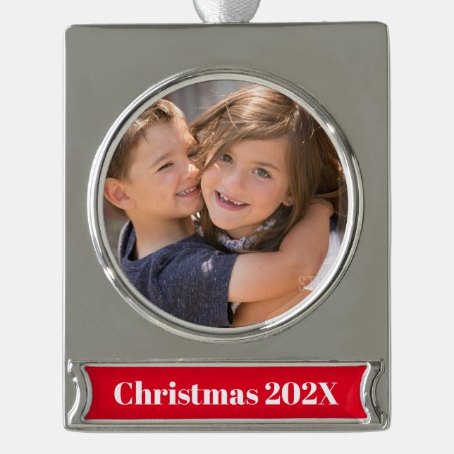 Personalized Photo Christmas Silver Plated Banner Ornament (Front)