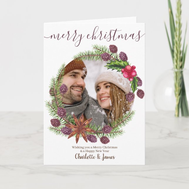 Personalized Photo Christmas Wreath and Holly Holiday Card (Front)
