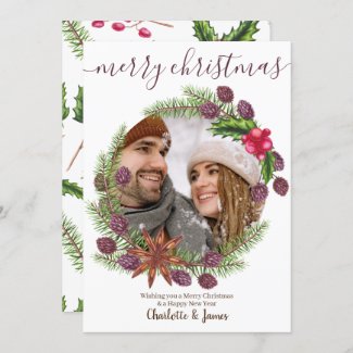 Personalized Photo Christmas Wreath and Holly Holiday Card