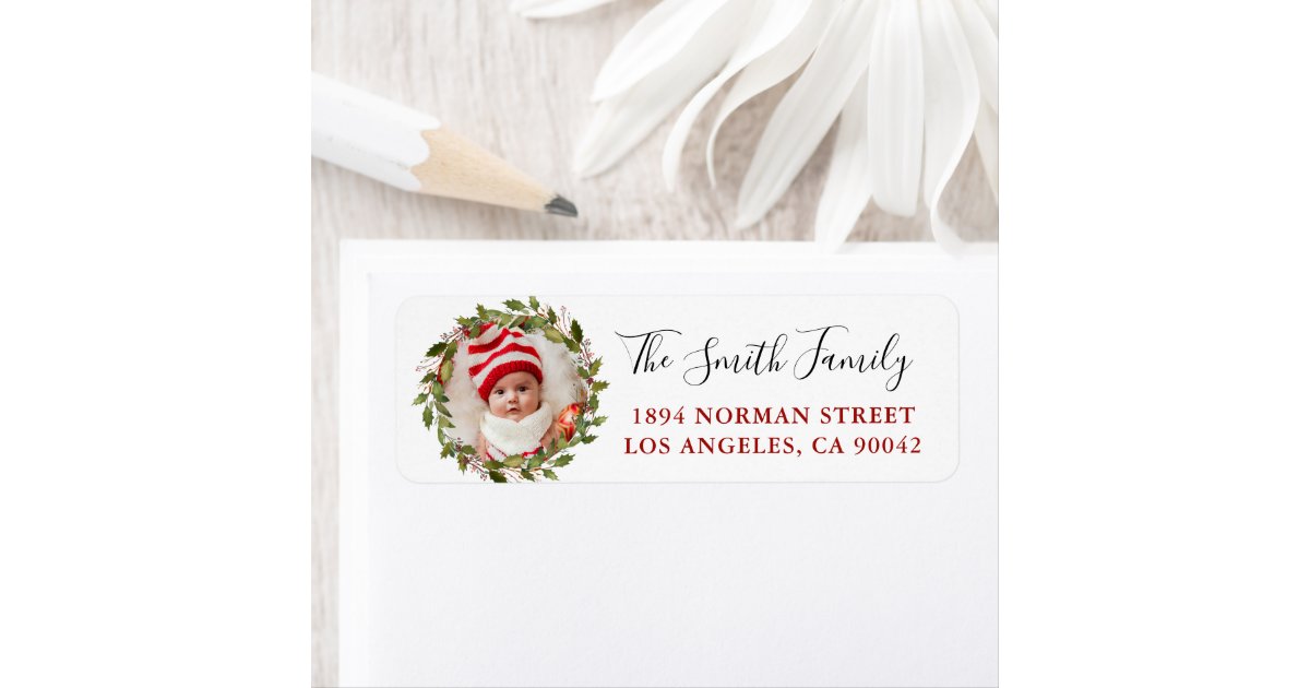 Personalized Photo Christmas Wreath Return Address Label | Zazzle