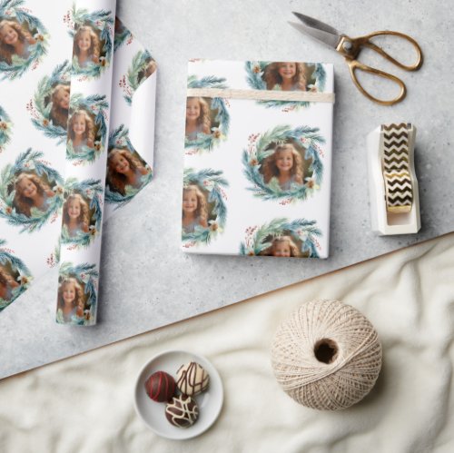 Personalized Photo Christmas Wreath Wrapping Paper
