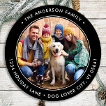 Personalized Photo Circle Return Address Classic Round Sticker<br><div class="desc">Add the finishing touch to your envelopes, mailings and stationary with these circle custom photo return address labels. Personalized these round return address labels with your favorite photo, pet photo, family photo with dog, names, and address. These modern holiday black return address labels are perfect for the Christmas holiday season....</div>