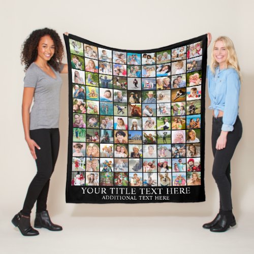 Personalized Photo Collage 90 Square Pictures Fleece Blanket - Make a photo collage of 90 square pictures for family members or to commemorate a special event or milestone or for a meaningful, memorable photo keepsake gift. PHOTO TIP:  Pre-crop/size your photos into a square shape or have the subject in the middle BEFORE uploading. NOTE that pixelation/blurry warnings may occur and you may choose to resize your original image before uploading or Zazzle LIVE Designer Help, online services or the designer may help you. CHANGES:  Select a different background color or choose a styled graphic background or change the text font style, size, color and placement by clicking CUSTOMIZE FURTHER. Contact the designer via Zazzle Chat or makeitaboutyoustore@gmail.com if you'd like this design modified or on another product.