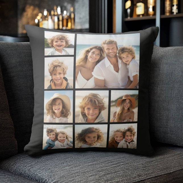 Personalized Photo Collage - 9 photos black Throw Pillow (Custom Photo Collage Pillow)