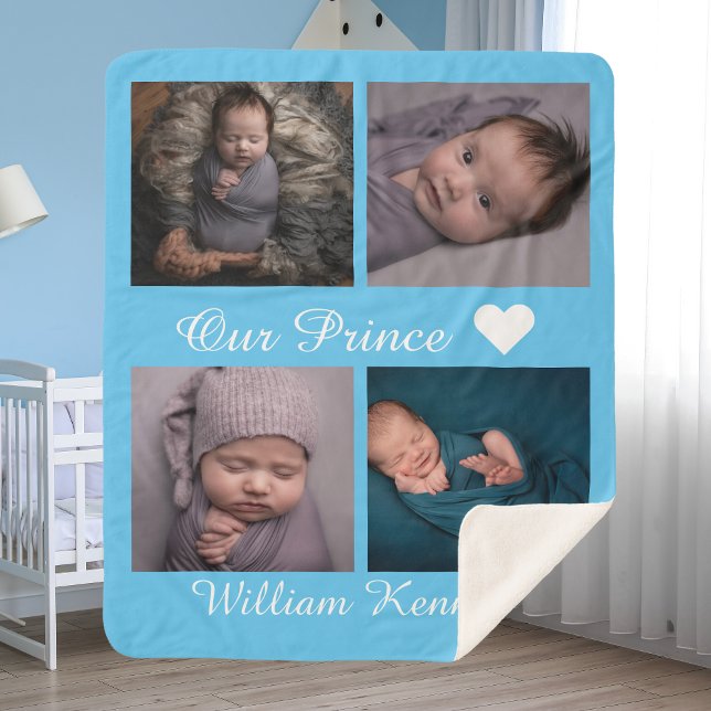 Personalized photo collage baby name monogram blue sherpa blanket (Creator Uploaded)