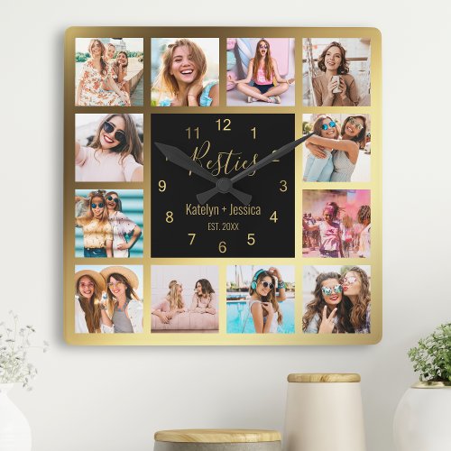 Personalized Photo Collage Besties Gold Black Square Wall Clock