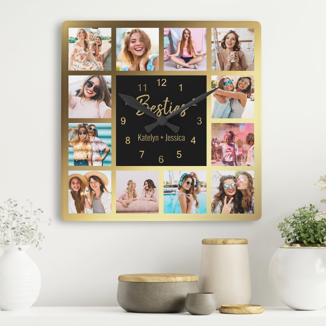Personalized Photo Collage Besties Gold Black Square Wall Clock (Creator Uploaded)
