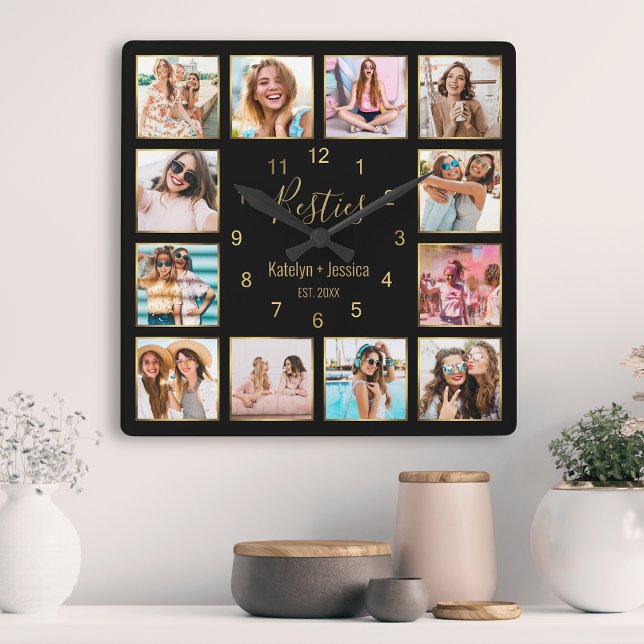 Personalized Photo Collage Besties Gold Black Square Wall Clock (Creator Uploaded)