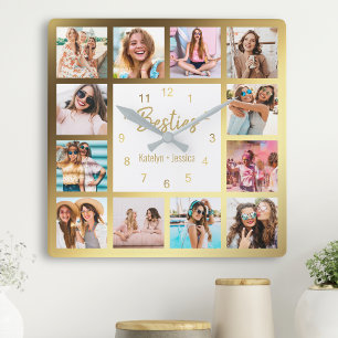 Personalized Photo Collage Besties Gold White Square Wall Clock