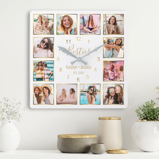 Personalized Photo Collage Besties Gold White Square Wall Clock (Creator Uploaded)