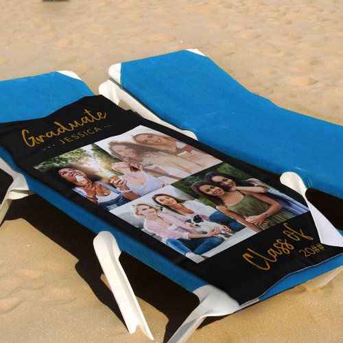 Personalized Photo Collage Black Gold Graduation Beach Towel