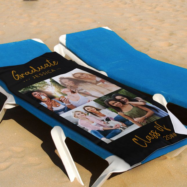 Personalized Photo Collage Black Gold Graduation Beach Towel (Creator Uploaded)