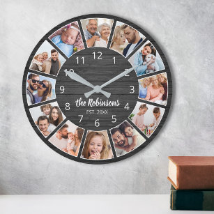 Personalized Photo Collage Black Wood Family Large Clock